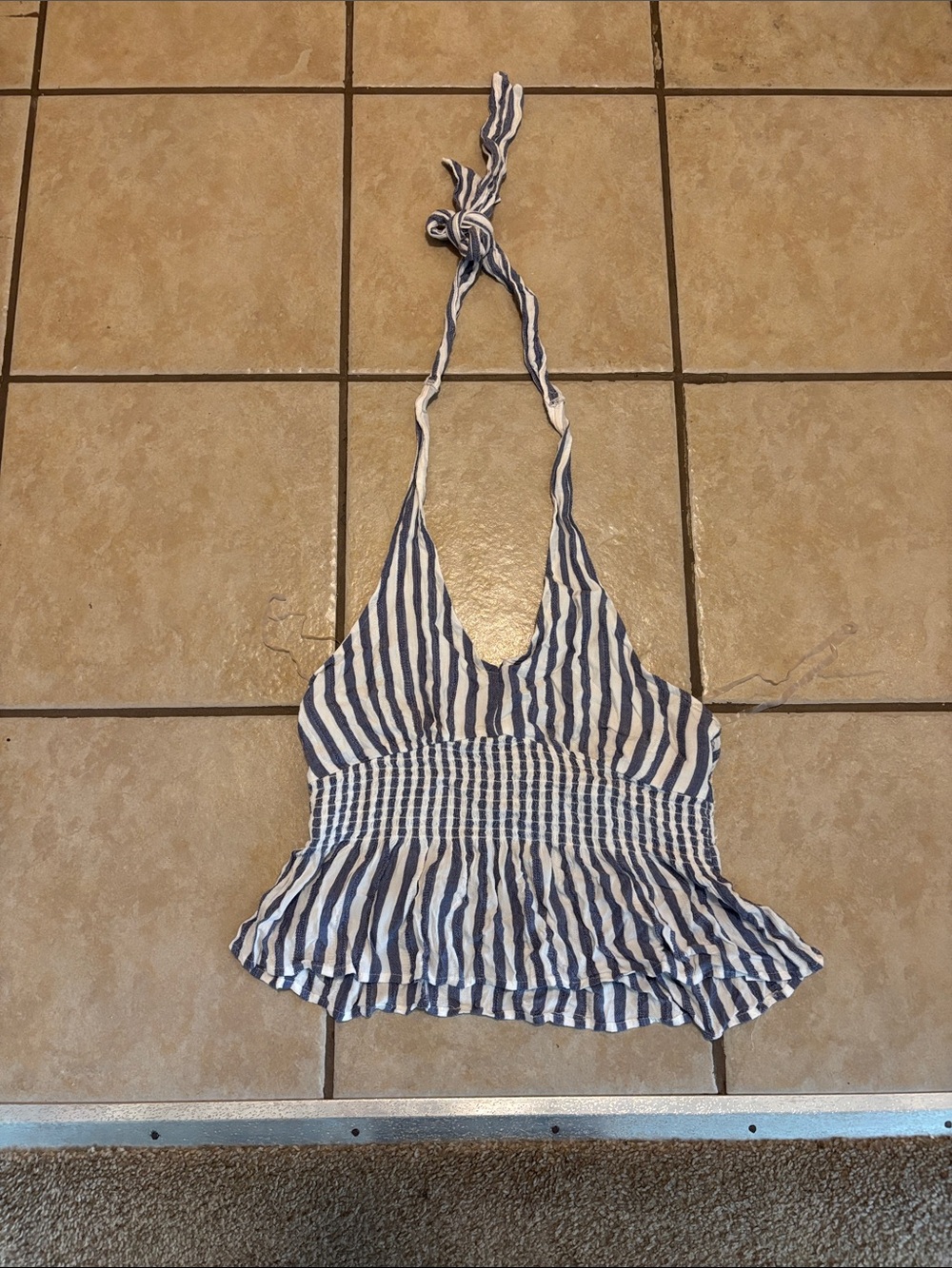 American Eagle Outfitters Navy and White Striped Halter Peplum Crop Top